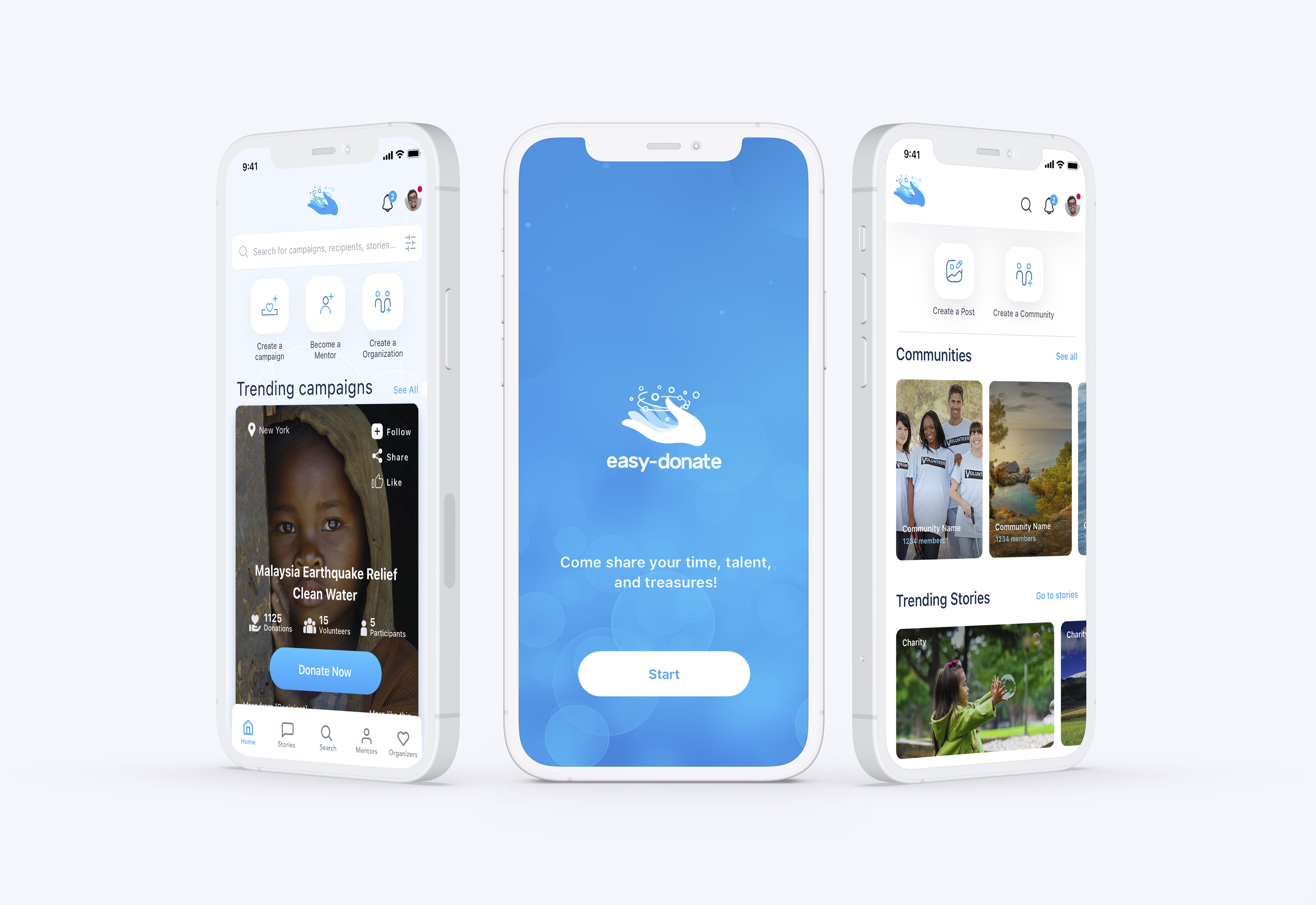 Three primary Easy Donate app screens