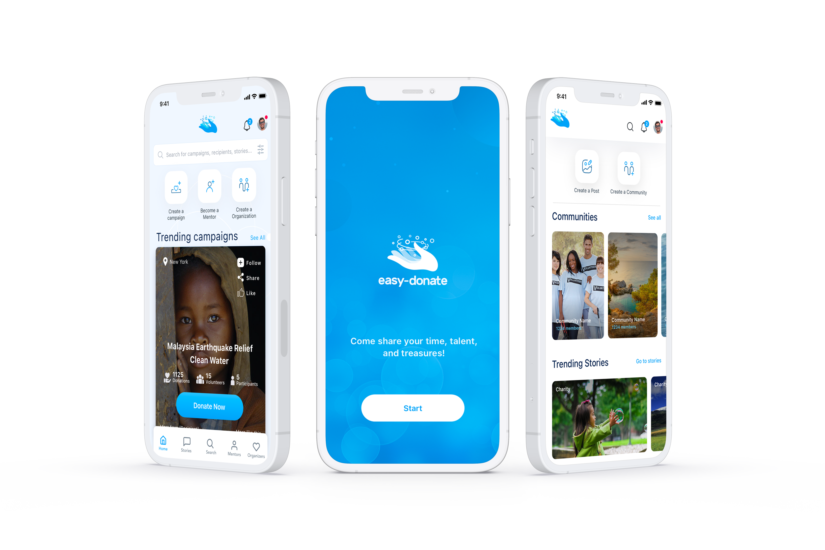 Three primary Easy Donate app screens