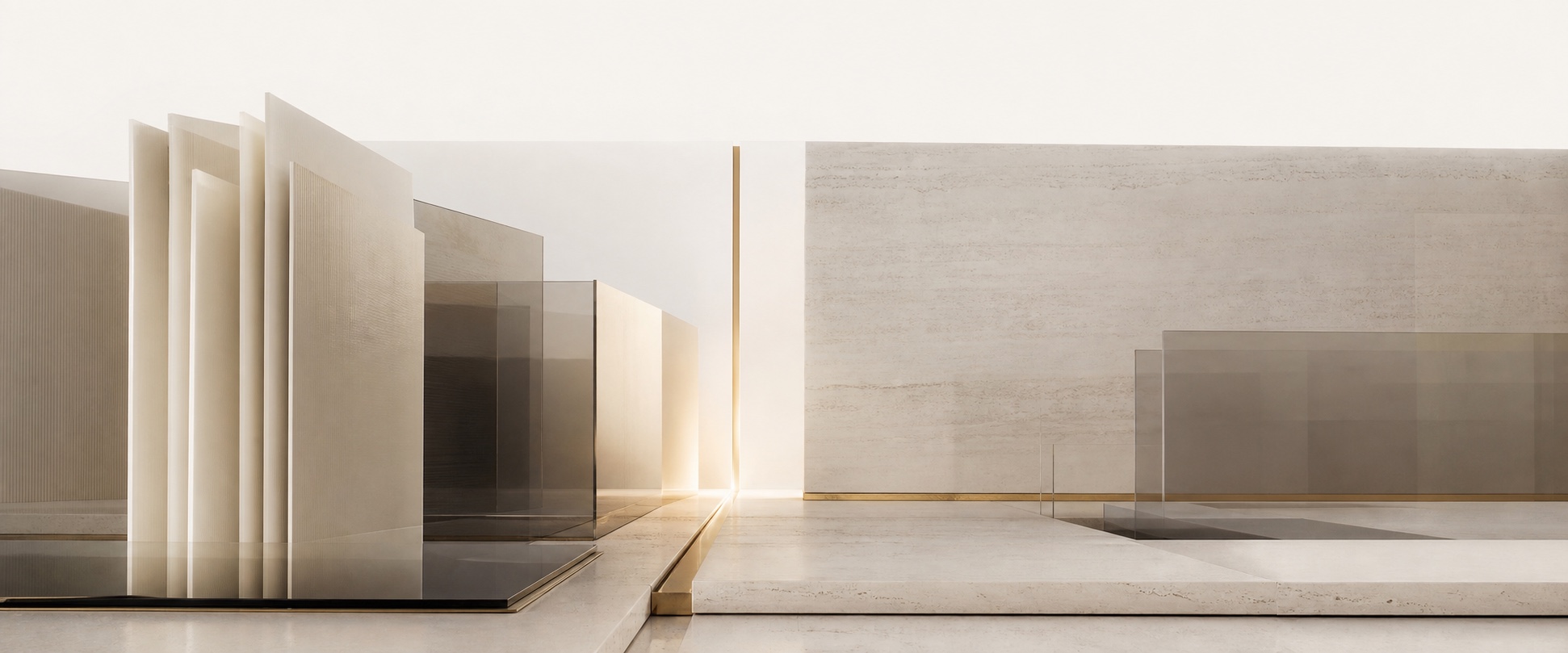 Abstract architectural composition in light stone, paper, and glass